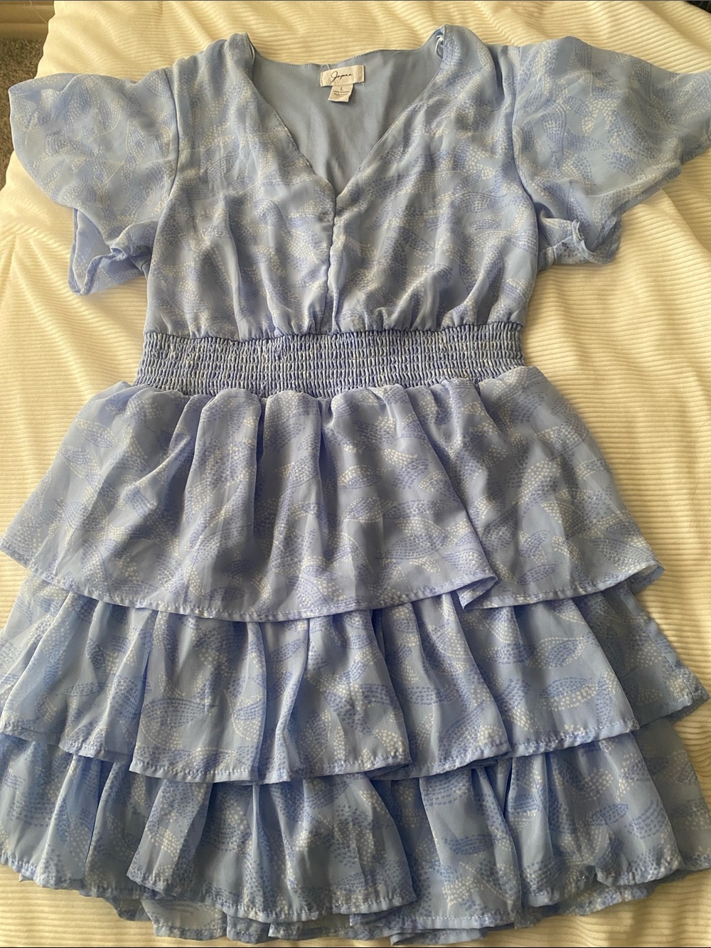 Light Blue Tiered V-Neck Dress with Smocked Waist